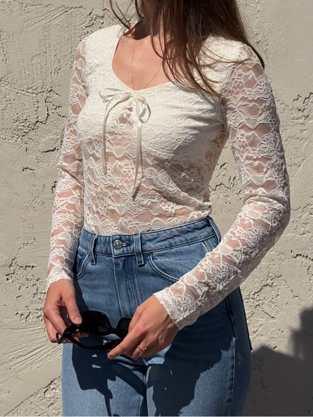 Sheer Lace Long-Sleeve Top - White